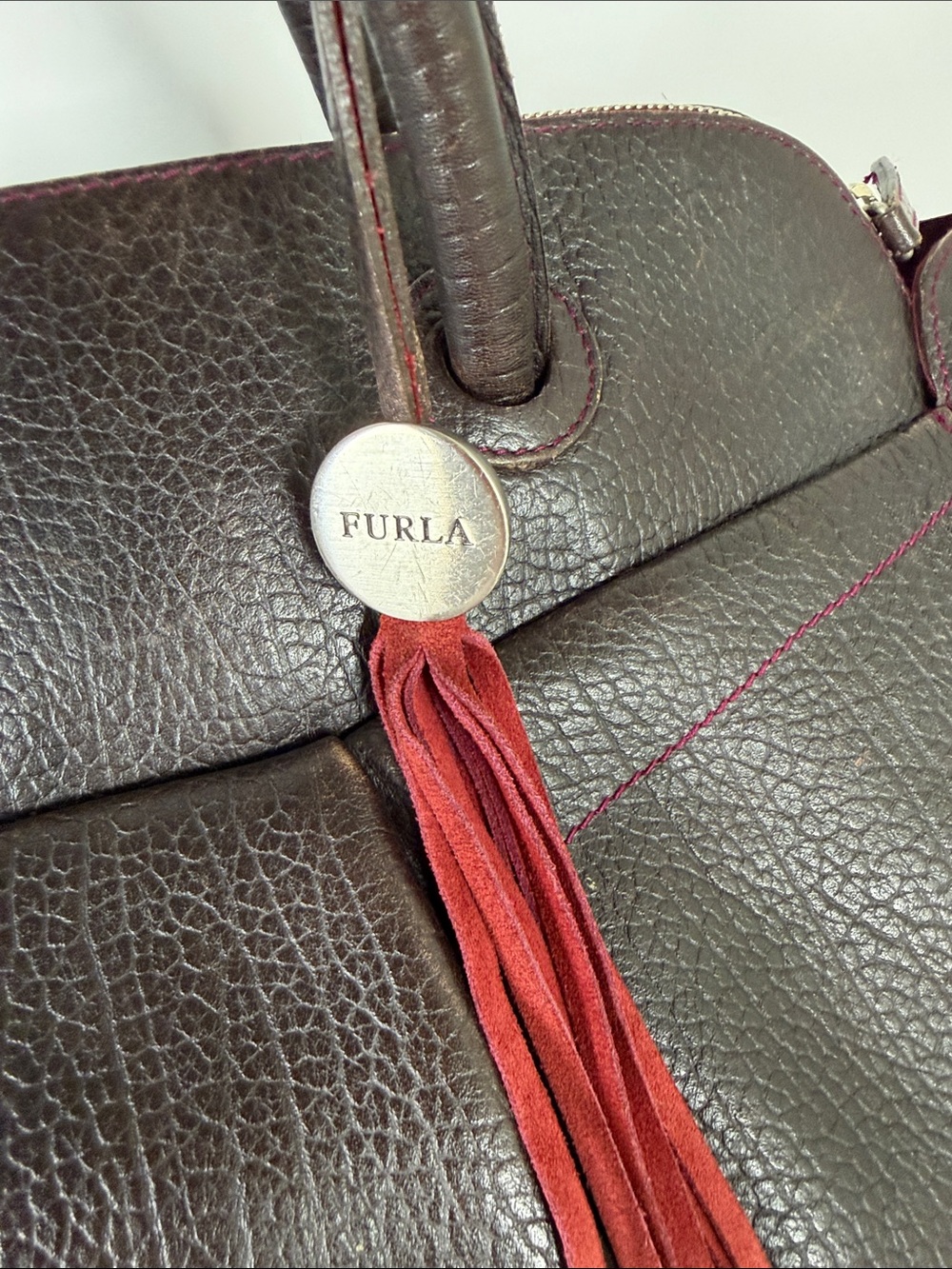 Furla Dark Brown Leather Satchel with Red Tassel - Picture 2 of 9